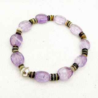 Rose de France Amethyst and Shell Heishi Bead Relic Stretchy