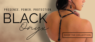 Woman wearing a black onyx necklace with promotional text on a beige background