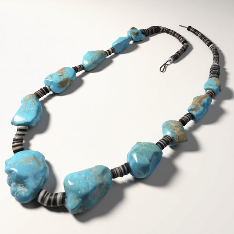 Necklace with blue beads and black and white cord on a white background