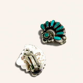 A pair of silver-toned cluster earrings with turquoise-colored stones, shown on a light beige background. One earring is facing forward to display the floral cluster design, while the other is turned sideways to show the clasp mechanism.