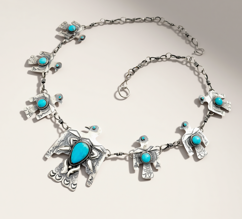 Multiple silver birds with turquoise stones on a handmade chain sitting on a cream background