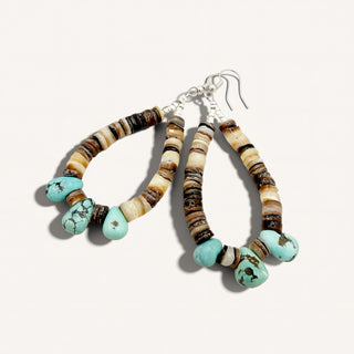 Beaded earrings with turquoise and brown beads on a white background