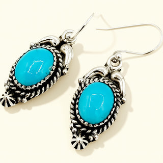 Turquoise earrings with silver frames on a white background