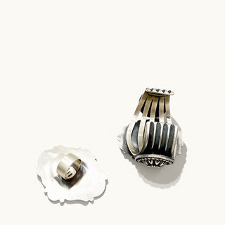 Silver ring with a textured design on a white background