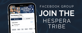 Phone screen displaying 'The Hespera Tribe' Facebook group with text inviting to join on a dark blue background.