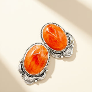Jewelry with orange stones and silver frames on a beige background