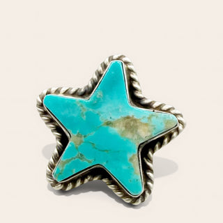 Star-shaped turquoise stone with silver border on a light beige background