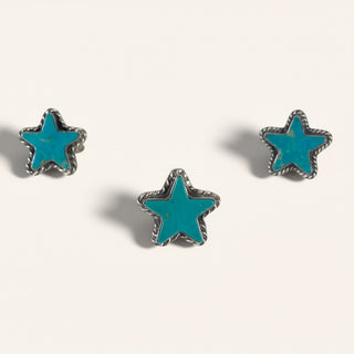 Star-shaped earrings with turquoise centers and silver borders on a white background