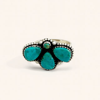 Turquoise ring with silver band on a white background