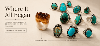 A promotional collage for a jewelry collection on a warm beige background, featuring multiple silver rings with large turquoise-blue stones and a sculptural cream stone with brown crystalline detailing. Text on the left reads 'Where It All Began' with smaller collection copy, and labels at the bottom mention 'The Gemfire Ring' and 'The Evolution'.