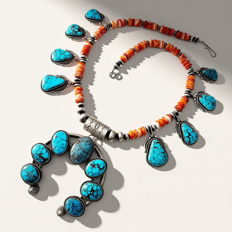 Necklace with turquoise stones and orange beads on a light background