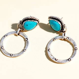 Pair of earrings with turquoise stones on a beige background
