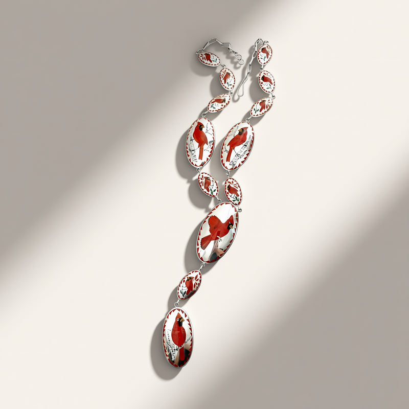 A silver-toned statement necklace with multiple elongated oval links, each featuring a red and white abstract pattern, displayed on a warm beige background with soft diagonal shadows.