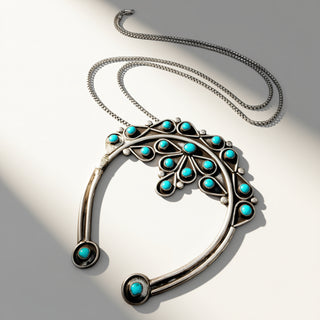 silver necklace with turquoise stones on a beige background